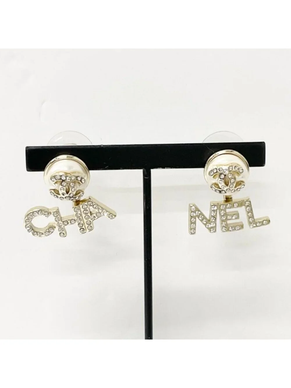 Chanel Earrings CC Logo Rhinestone Pearl Gold